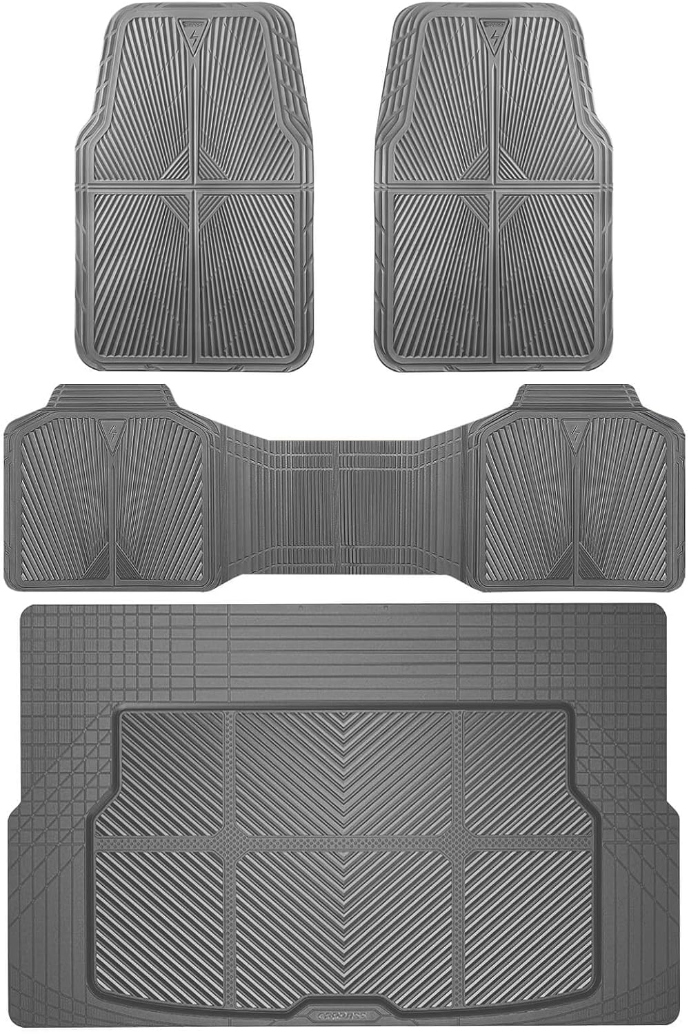 CAR PASS Gray Rubber Floor Mats&Cargo Liner,Waterproof Truck Mats Heavy Duty,All Weather Trim-to-Fit Automotive Mat for Car Truck SUV,Anti-Slip Easy Clean Durable,Full Set 5-Piece,3D Emboss All Grey
