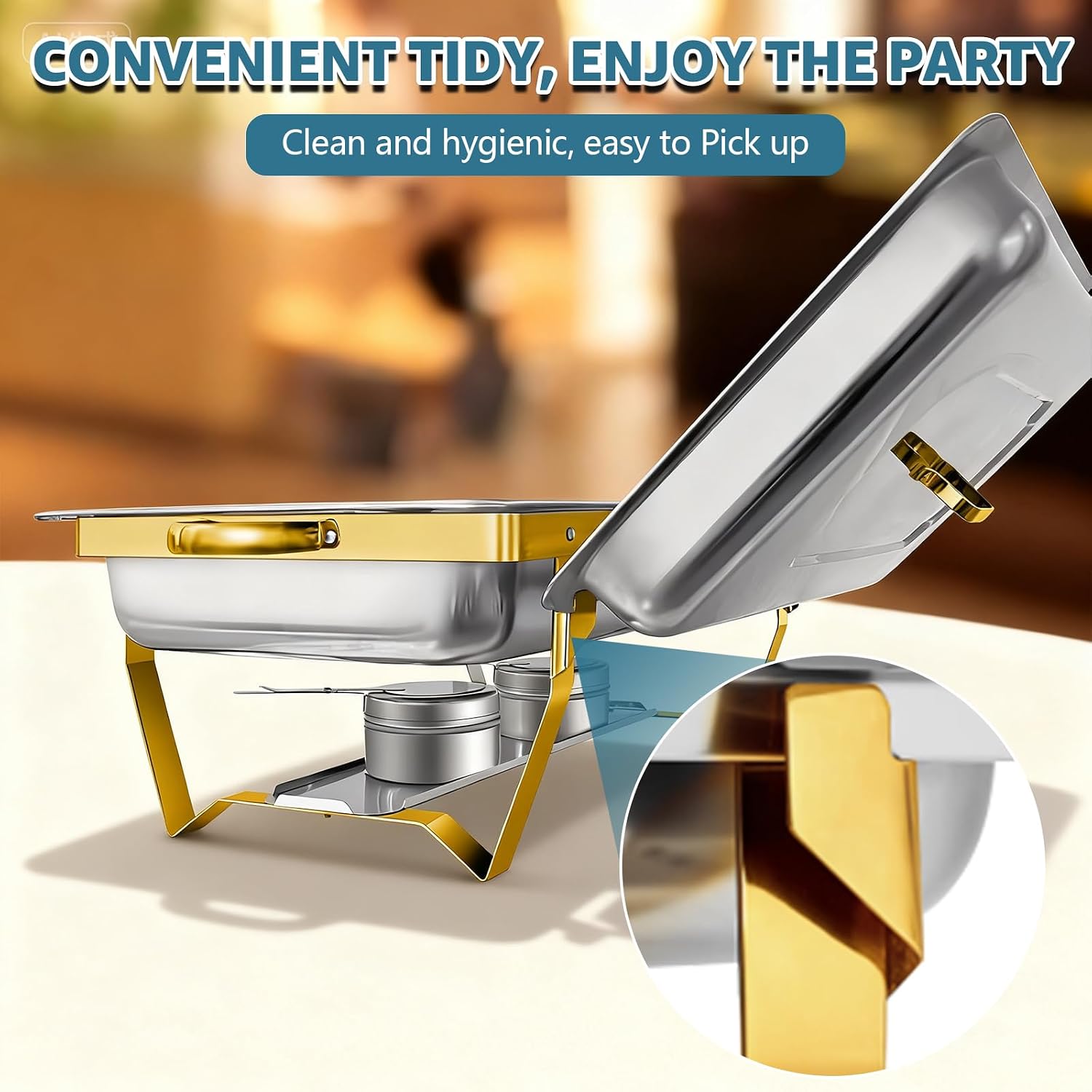 4 Pack Chafing Dish Buffet Sets, 8QT Food Warmer for Buffet, Half Size Food Pans Chafers and Buffets Warmers Sets for Catering (4 Pack Gold 1/2 Pan)