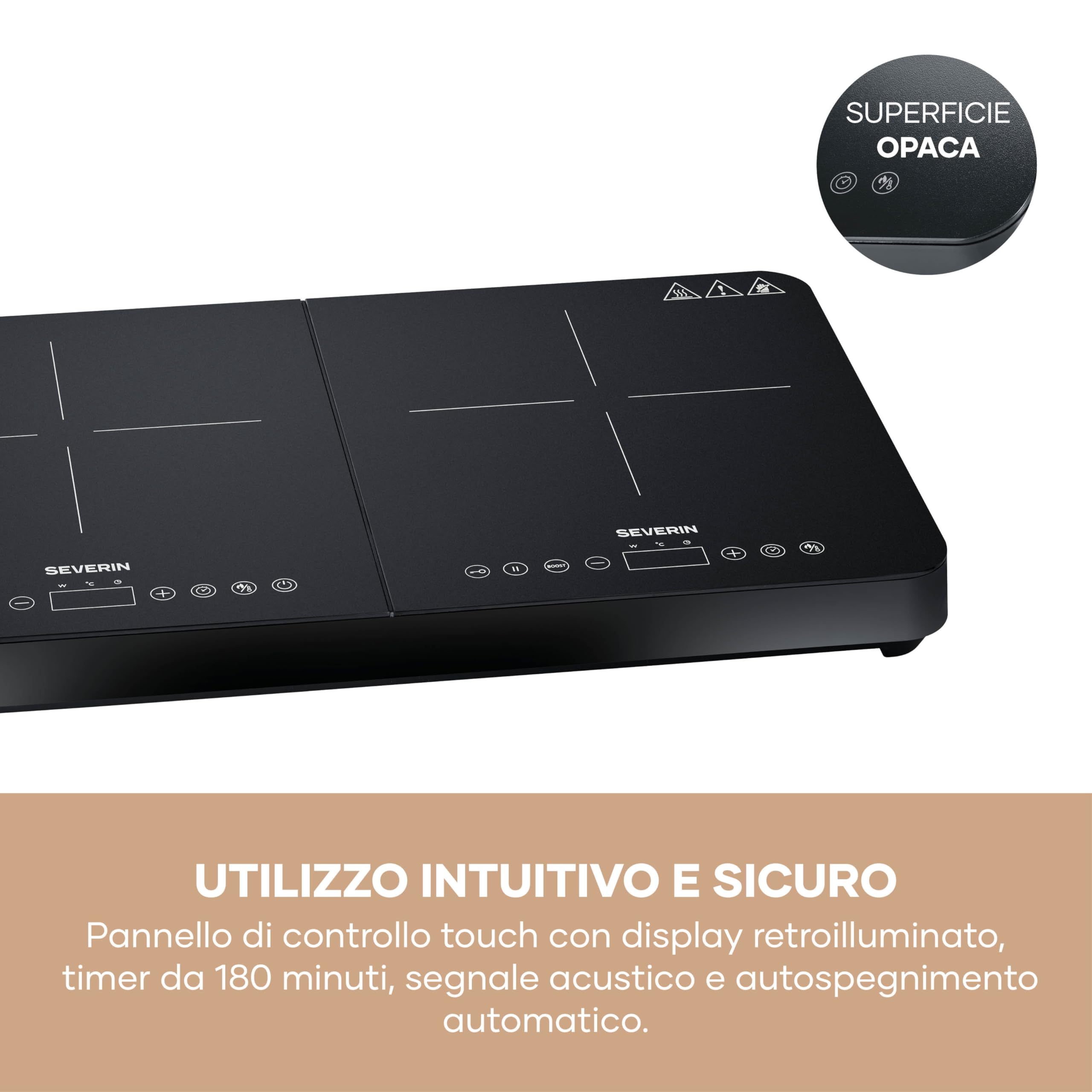 SEVERIN Piastra a Induzione Doppia, 2 Fornelli, Piano in Vetroceramica Antigraffio Finitura Opaca, 10 Livelli di Potenza, Touch Screen, Temperatura 60-240 °C, 3400 W, Nero - DK 1028