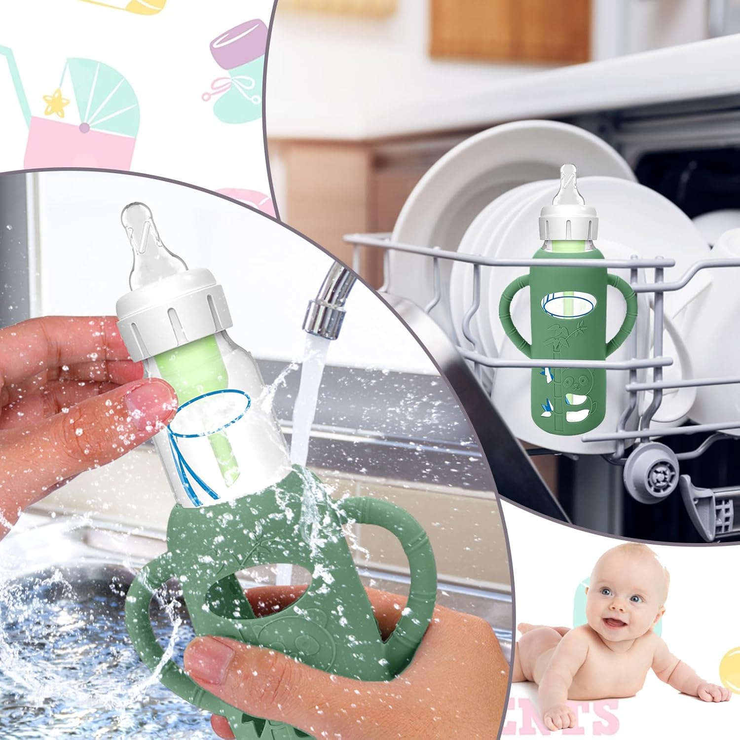 BUSOHA 3 Pack Silicone Sleeves for Dr. Brown's Glass Baby Bottles - Drop Protection Baby Bottle Sleeves Compatible with Dr. Brown's Newborn Glass Bottles with Silicone Handles,8 oz - Image 8