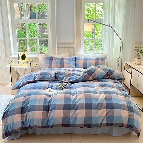 Miniatura 13 de FACE TWO FACE Juego de funda de edredón de 3 piezas, 100 % algodón lavado con textura parecida al lino transpirable duradero suave cómodo