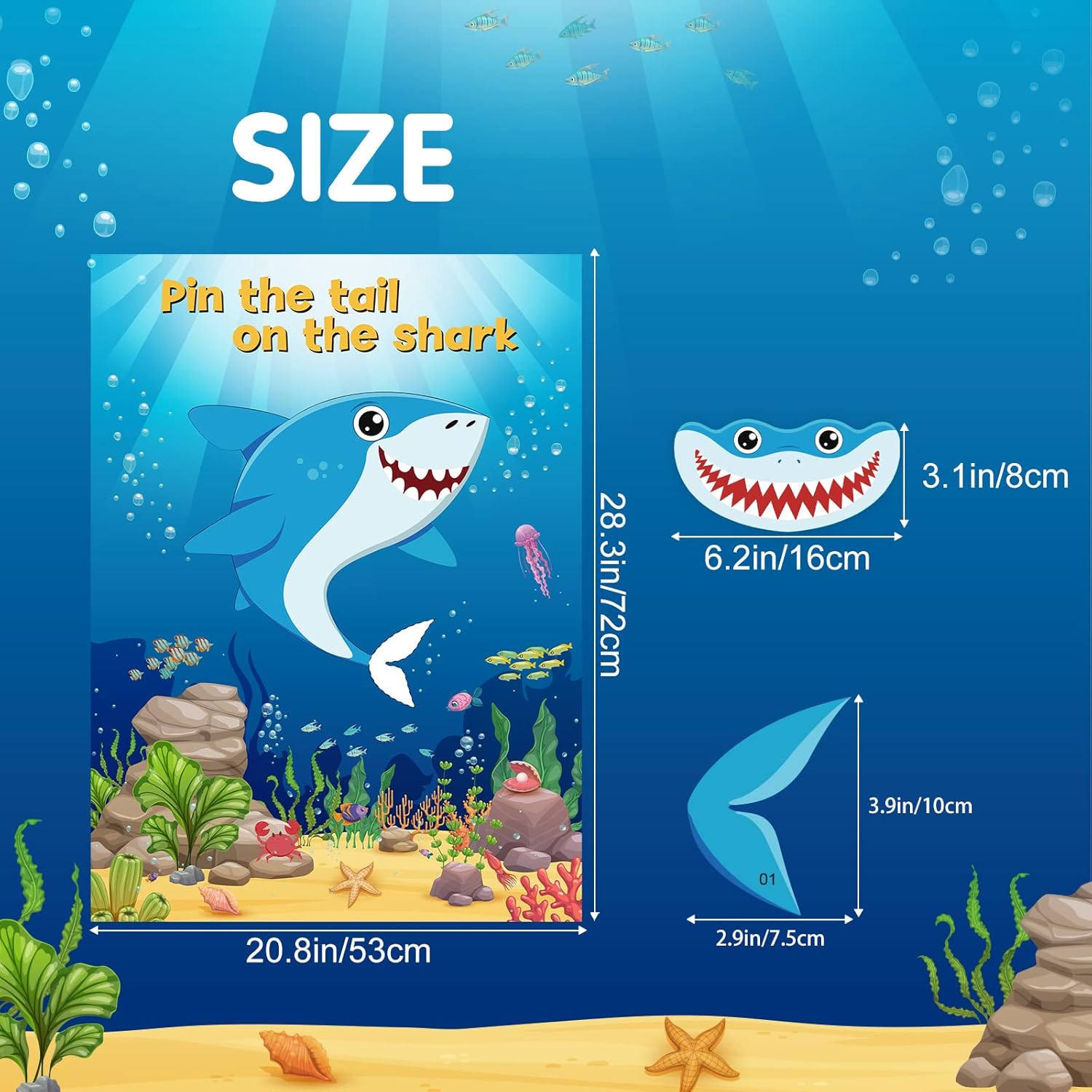 NEBURORA 2 Pack Pin The Tail on The Shark Party Game,2 Large 21"x 28" Posters with 48pcs Stickers for Multiplayer Shark Themed Birthday Party Supplies Decorations for Kids Boys Wall Home Decor