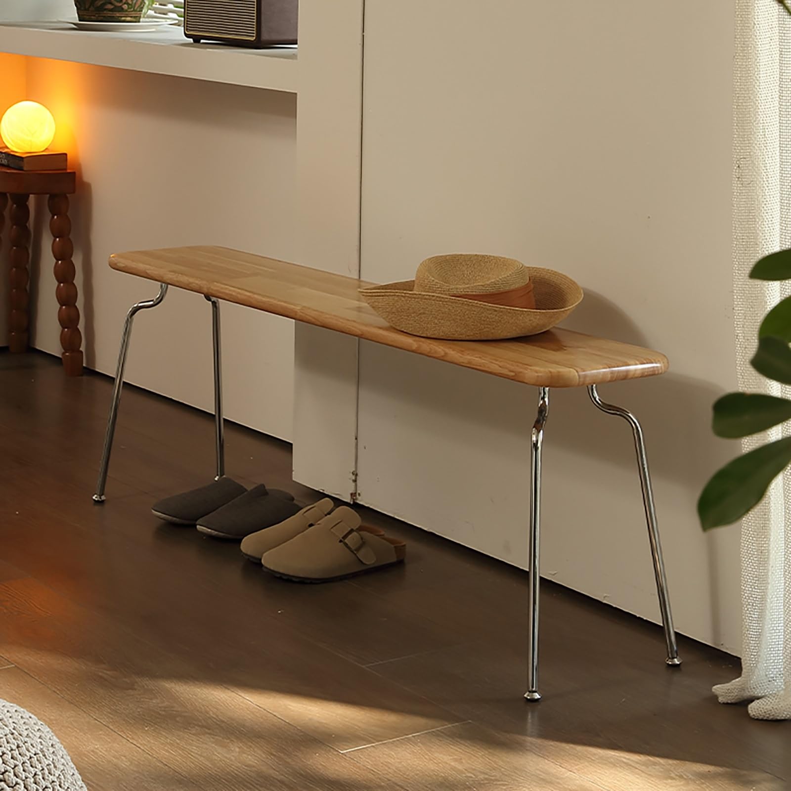 Banc de cuisine en bois massif naturel et piètement métallique industriel