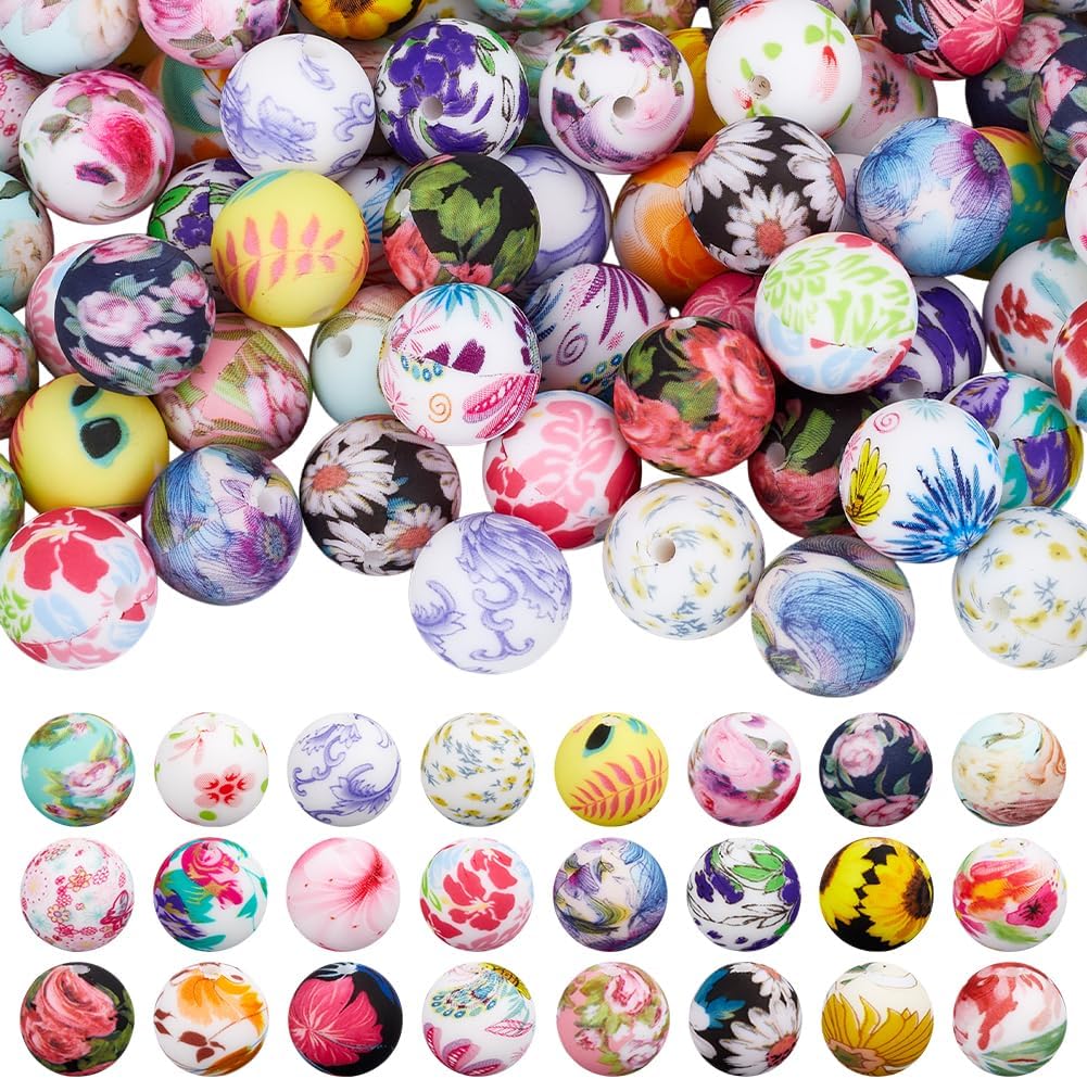 1 Box 120Pcs 24 Styles Round Flower Beads Floral Silicone Beads Bulk 15mm Large Rose Sunflower Spring Multicolor Focal Print Silicone Beads for Keychain Making Pens Bracelets Necklace Crafts