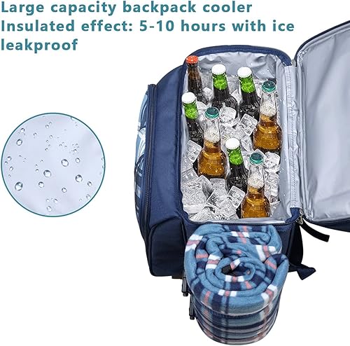 Miniatura 5 de Hap Tim Mochila de pícnic para 4personas con compartimento aislado a prueba de fugas, soporte para vino, manta de forro de vellón y juego de