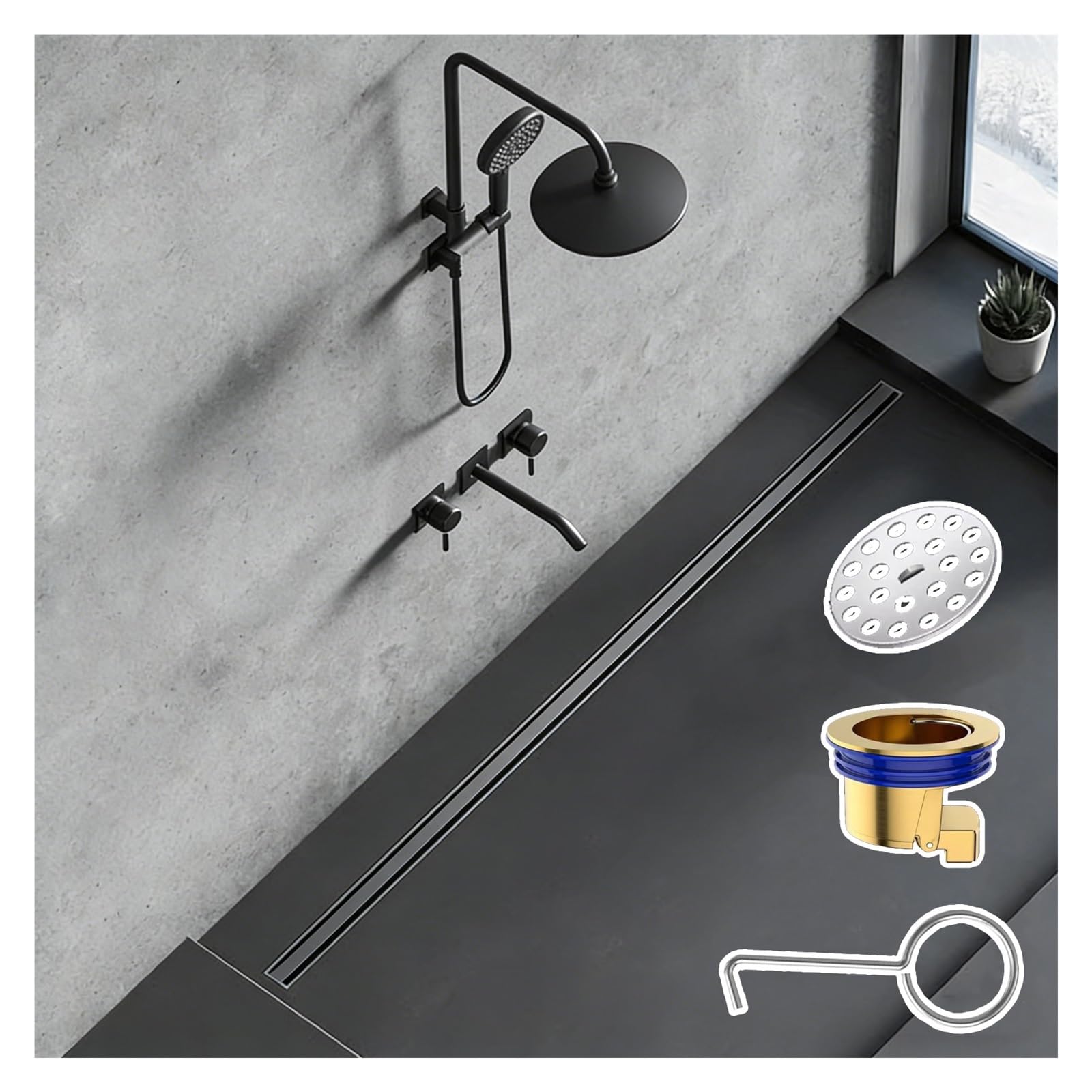 MZZKFC Invisible Shower Drain with Gravity Drain Core & Hair Catcher，Tile Insert Linear Drain 7.9 11.8 15.7 23.6 31.5 39.4 47.2in，Side Outlet Shower Drain Kit(Gray,L 1200mm/47.2")