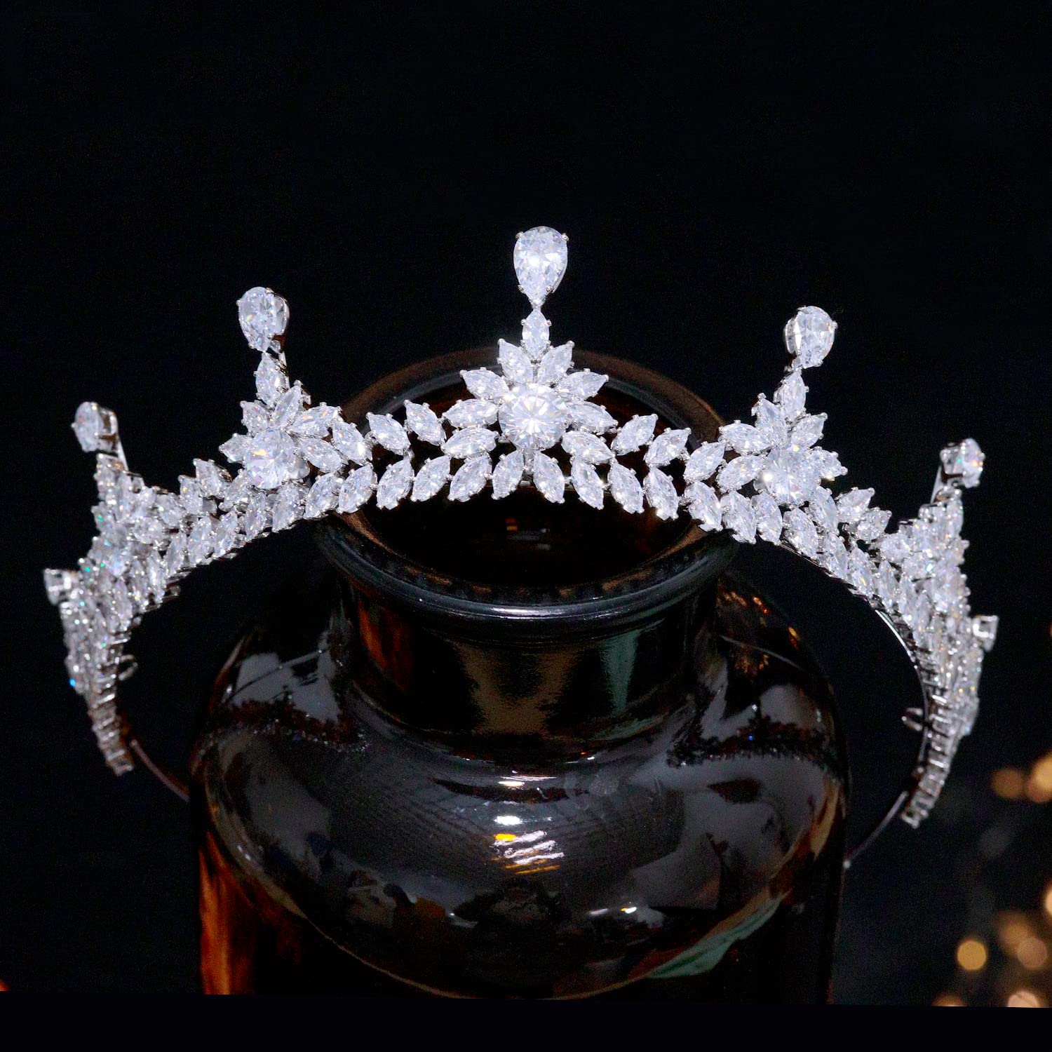 AoligraceCZ Wedding Crowns for Bride Pageant Prom Queen Cubic Zirconia Tiaras Extended Perimeter Bridal Headpieces Jewelry (Silver A)