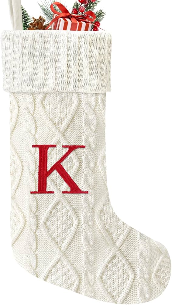 21 Inches Knitted Christmas Stockings with Initials, Large White Custom Monogram Embroidery Christmas Stockings with Letter, Personalized Xmas Decoration for Holiday Family Party-K