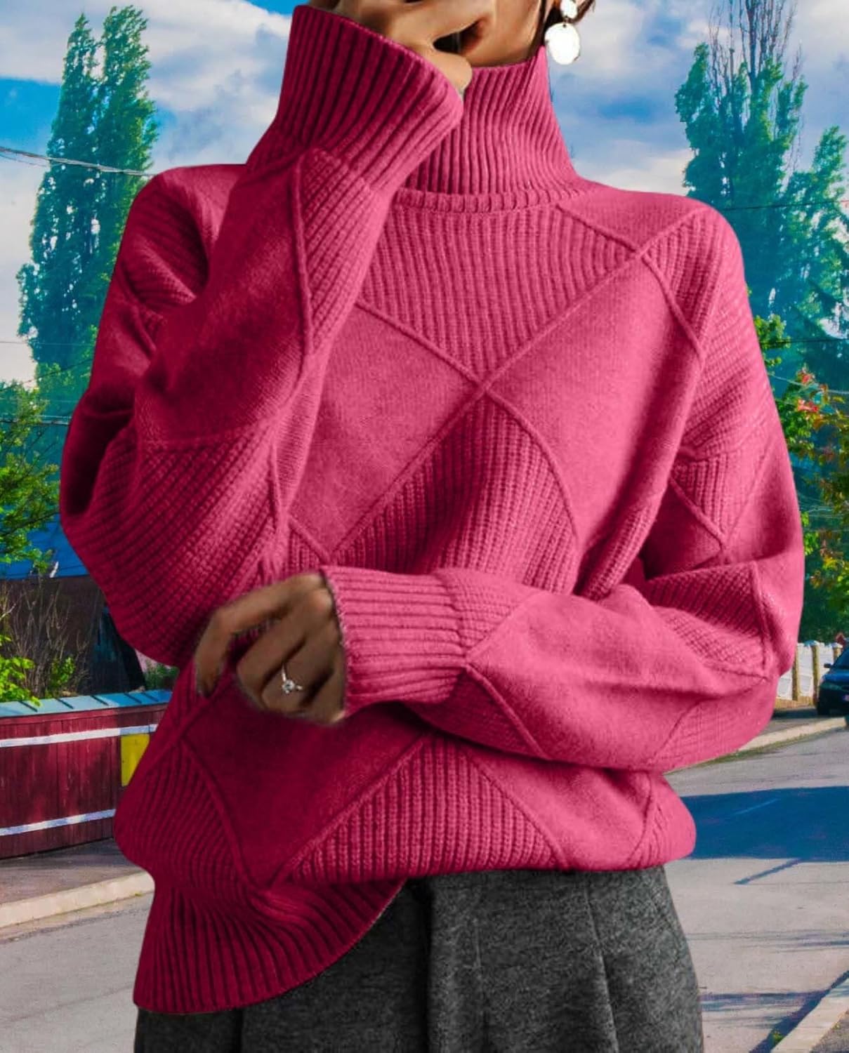 Womens Oversized High Neck Pullover Sweater Casual Fashion Long Sleeve Solid Color Crew Knit Sweater - Image 5