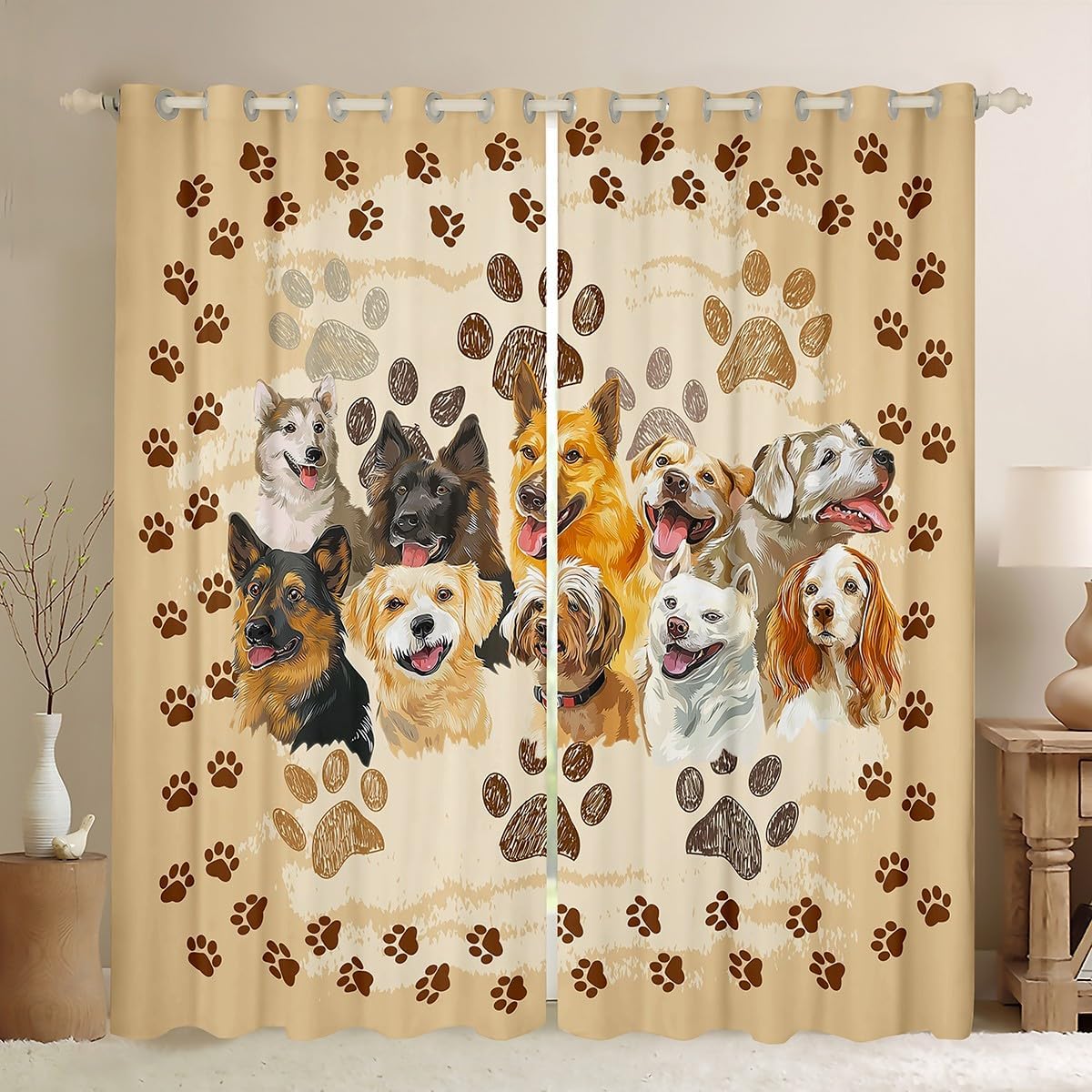 Castle Fairy Puppy Dogs Window Curtains,Funny Cute Pet Dog Paw Print Window Treatments for Kitchen,Vintage Watercolor Dogs Animal Polyetser Blackout Window Drapes, 2 Panels, 52Wx84L inch