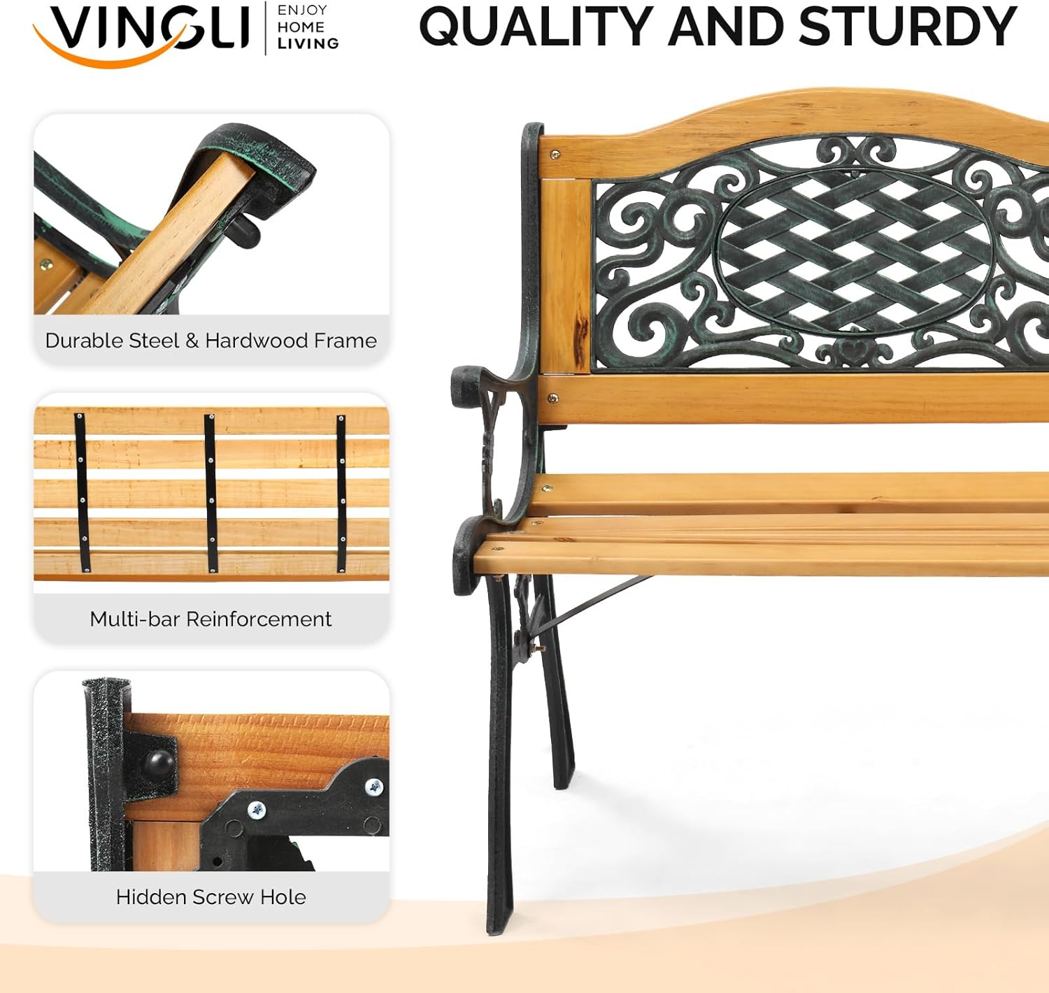 VINGLI Classic Cast Iron & Teak Arched Back Rectangular Outdoor Bench, 3-Seater, 470 lbs Capacity, Easy Assembly, Weather Resistant, 49.5" W x 20.5" D x 29" H