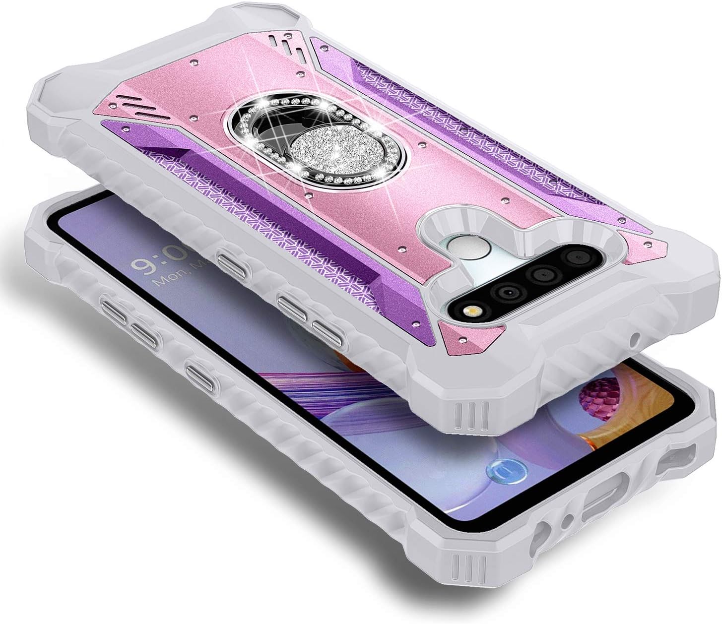 E-Began Case for LG Stylo 6 with Tempered Glass Screen Protector (Full Coverage), Aluminum Magnetic Metal Built-in Diamond Ring Holder Stand, Full-Body Protective Shockproof Case (Pink/Purple)