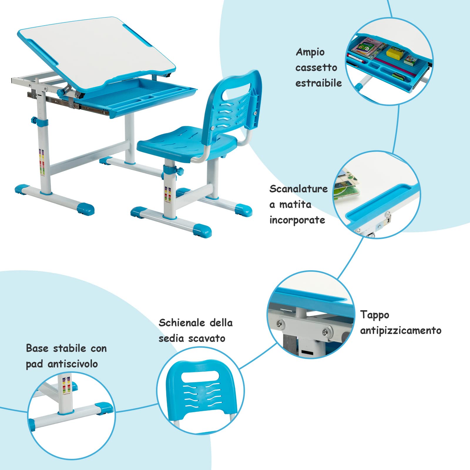 COSTWAY Set Scrivania e Sedia per Bambini, Set Tavolo con Altezza Regolabile per Bambini, Tavolo per Studiare con Superficie Inclinabile (Blu)