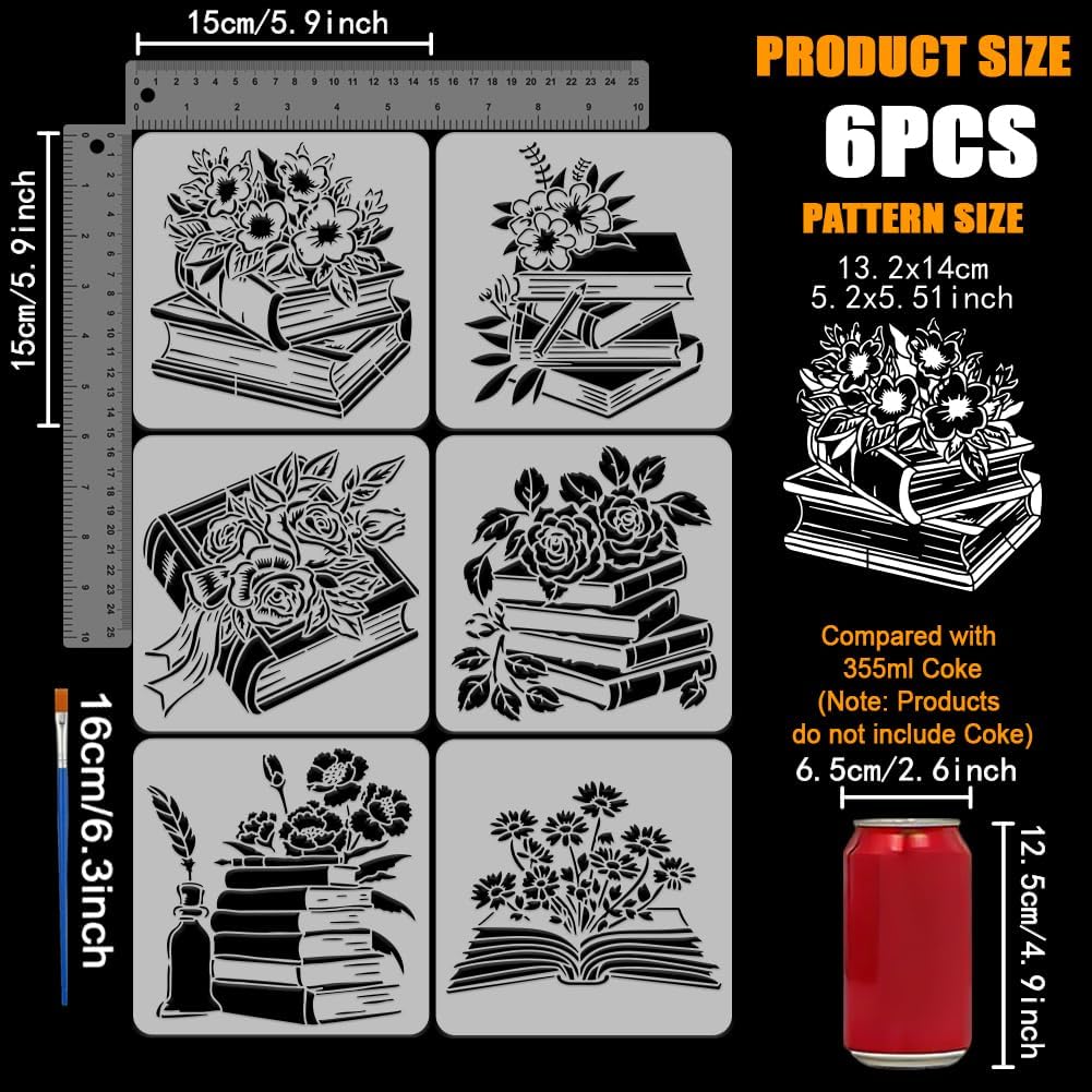 FINGERINSPIRE 6PCS Book Flower Stencils with Paint Brush 5.9x5.9inch 6 Styles Floral Books Stencils Floral Plants Stencil Stacked Book Stencil Books Theme Template for Painting on Wood Wall Furniture