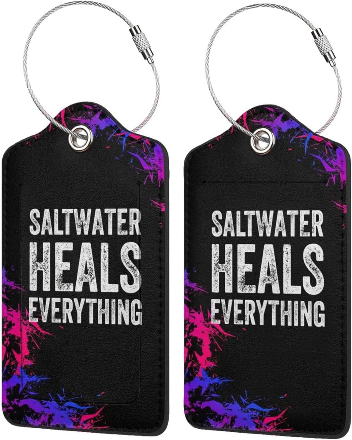 Saltwater Heals Everything 2 Pack PU Leather Bag Tags Privacy Flap Shields Address Card Steel Wire Loop fits Carry-ons, Backpacks, duffels Trips
