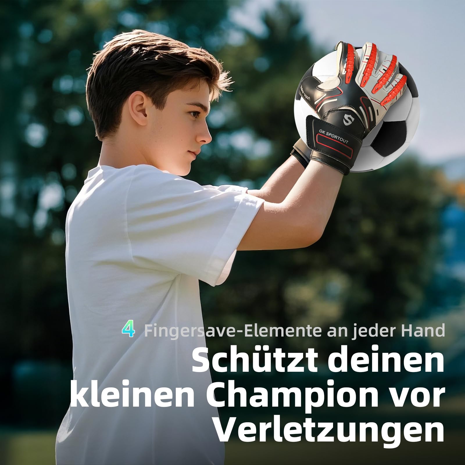 Sportout Torwarthandschuhe Kinder und Herren mit Fingersave Fußballhandschuhe mit Fingerschutz Torwart Handschuhe mit rutschfeste 4mm Latex