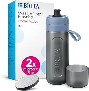 BRITA Sport Wasserfilter Flasche Model Active dunkelblau (600ml) inkl. 2 MicroDisc Filter – zusammendrückbare BPA-freie Flasche für unterwegs, Trinkflasche filtert beim Trinken-spülmaschinengeeignet