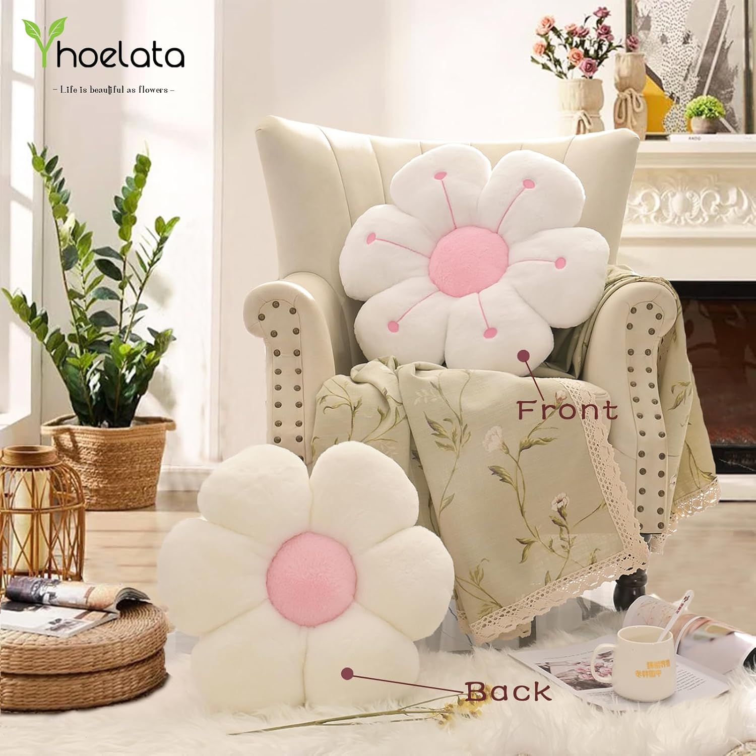 Flower Cushion, White Pink Flower Shape Decorative Cushion, Daisy Flower, Cute Cushion Flower Seat Cushion, Aesthetic Decorative Cushion for Home, Sofa, Couch, Bed, 40 cm 40 cm White Pink