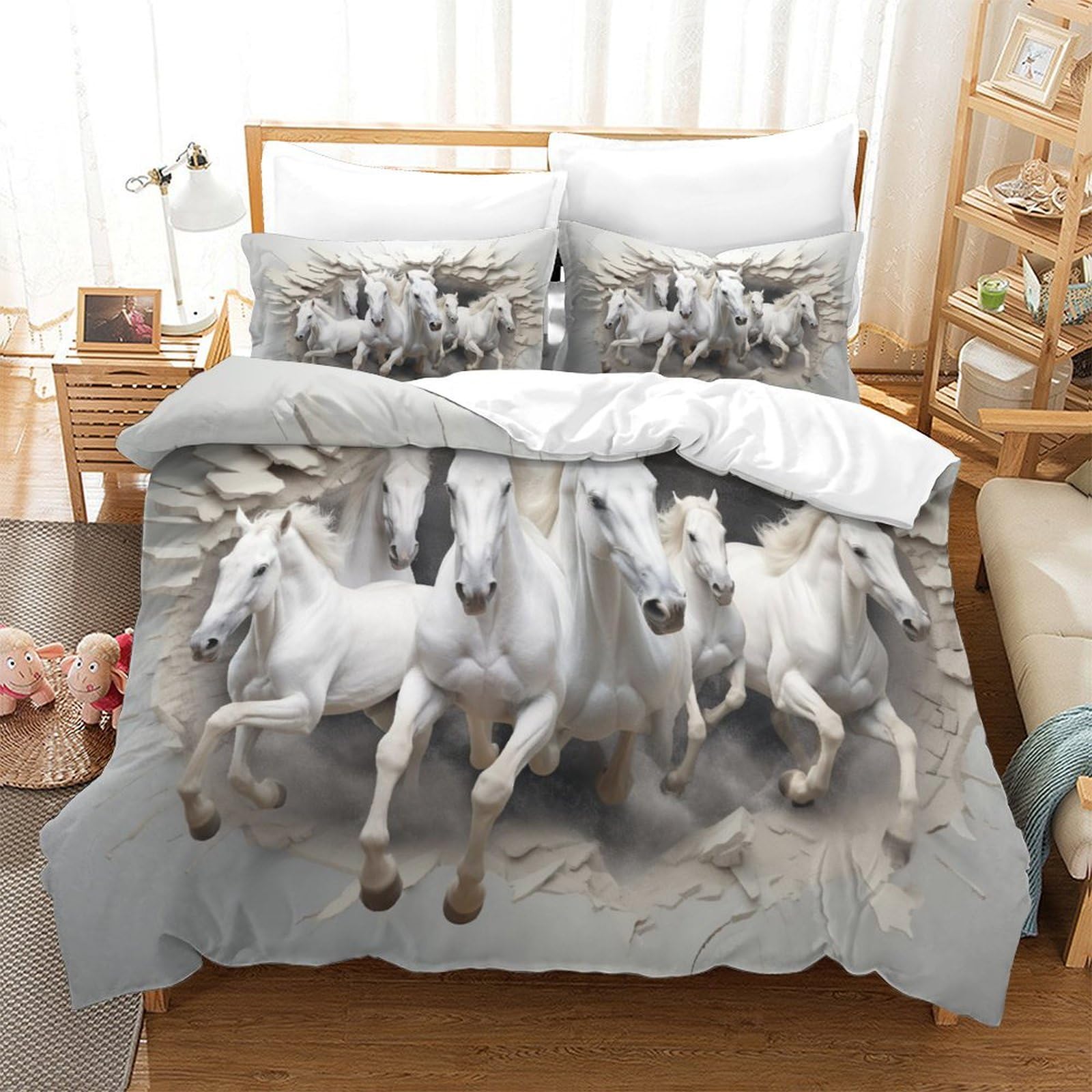 Parure de couette 3 pièces motif cheval 3D haute définition en microfibre supérieure