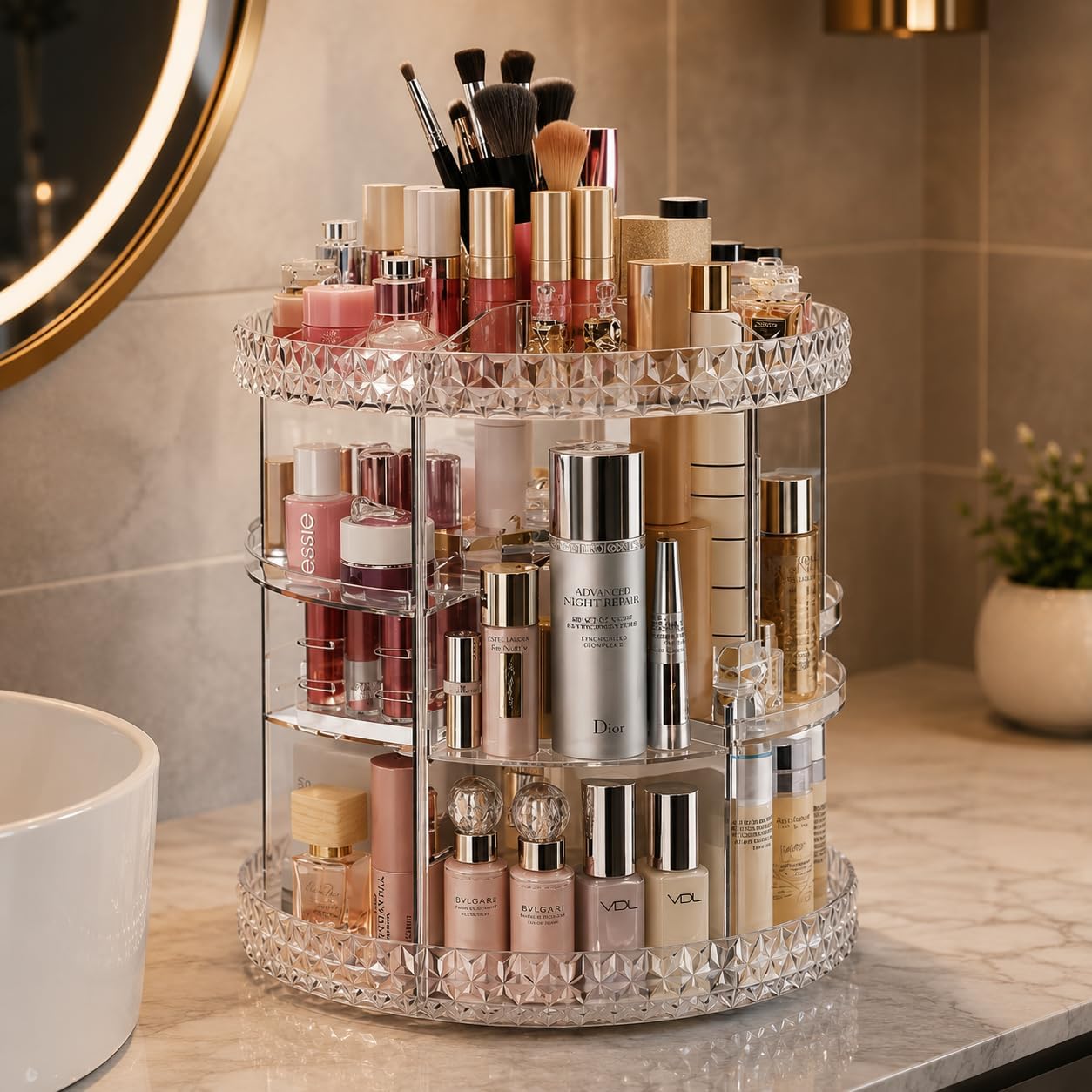 Organizador Acrílico Giratório 360° para Maquiagem, Perfumes e Joias, Porta Cosméticos com Bandejas Ajustáveis, Grande Capacidade, Design Elegante e Resistente – Qualidade…