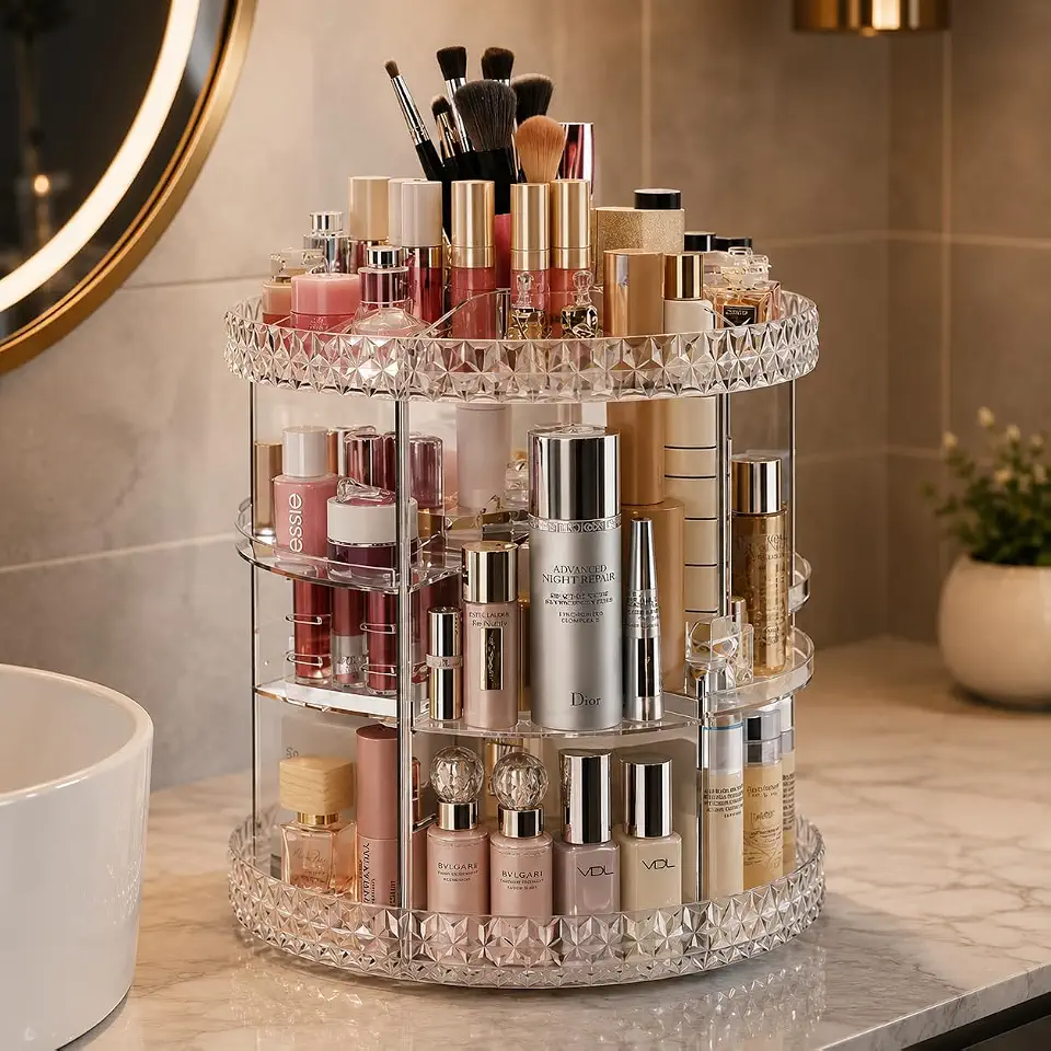 Organizador Acrílico Giratório 360° para Maquiagem, Perfumes e Joias, Porta Cosméticos com Bandejas Ajustáveis, Grande Capacidade, Design Elegante e Resistente – Qualidade Premium LNMAX®