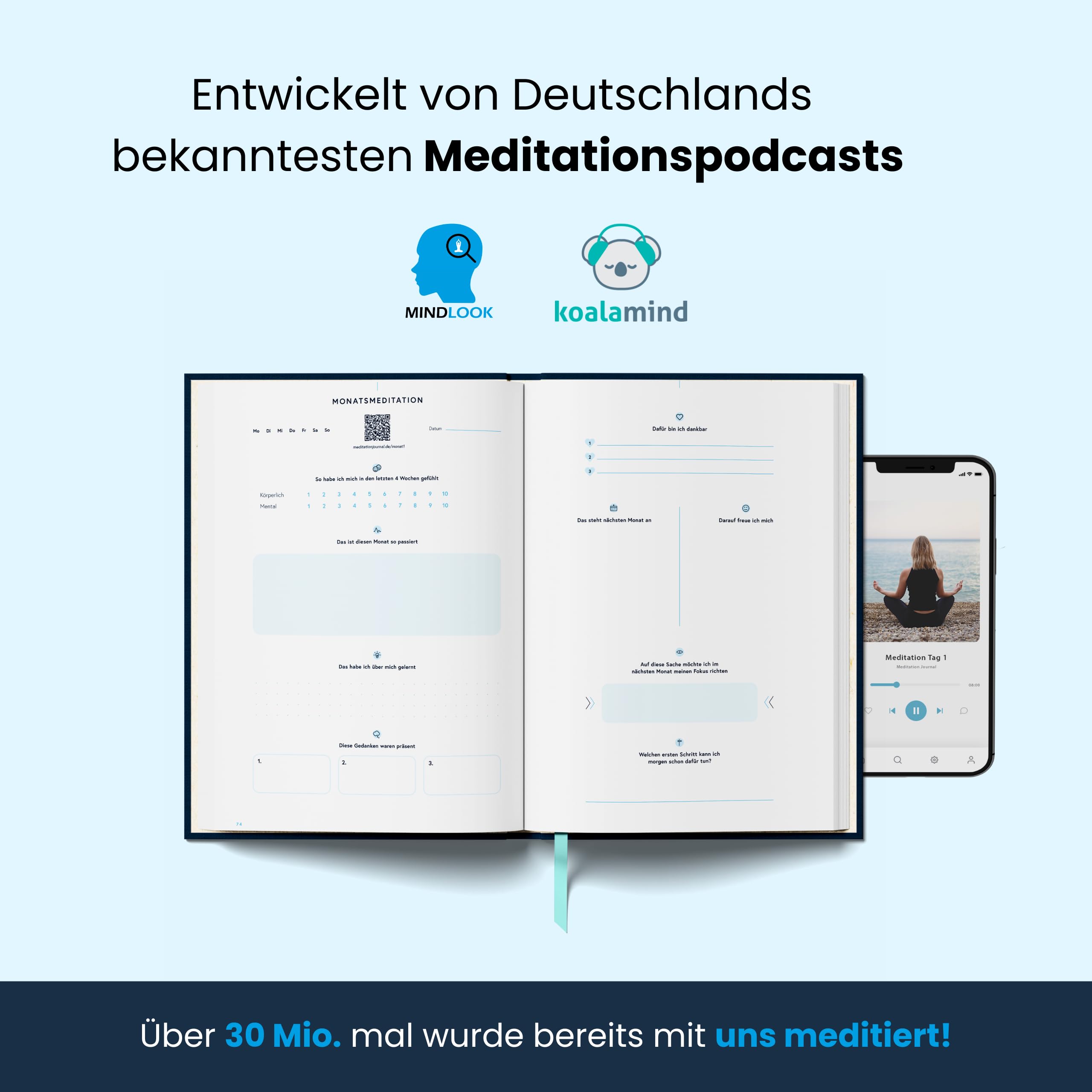 Dankbarkeitstagebuch (116 Meditationen per QR-Code) | Achtsamkeitstagebuch & Meditation Journal – Tagebuch für Erwachsene – für Anti Stress Routine, Selbstreflexion & Entspannung