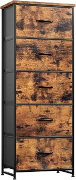 Nicehill Chest of Drawers for Bedroom, 5-Drawer Tall Dresser with Wood Top and Sturdy Steel Frame, Fabric Storage Drawers for Closet, Hallway & Living Room, Rustic Brown