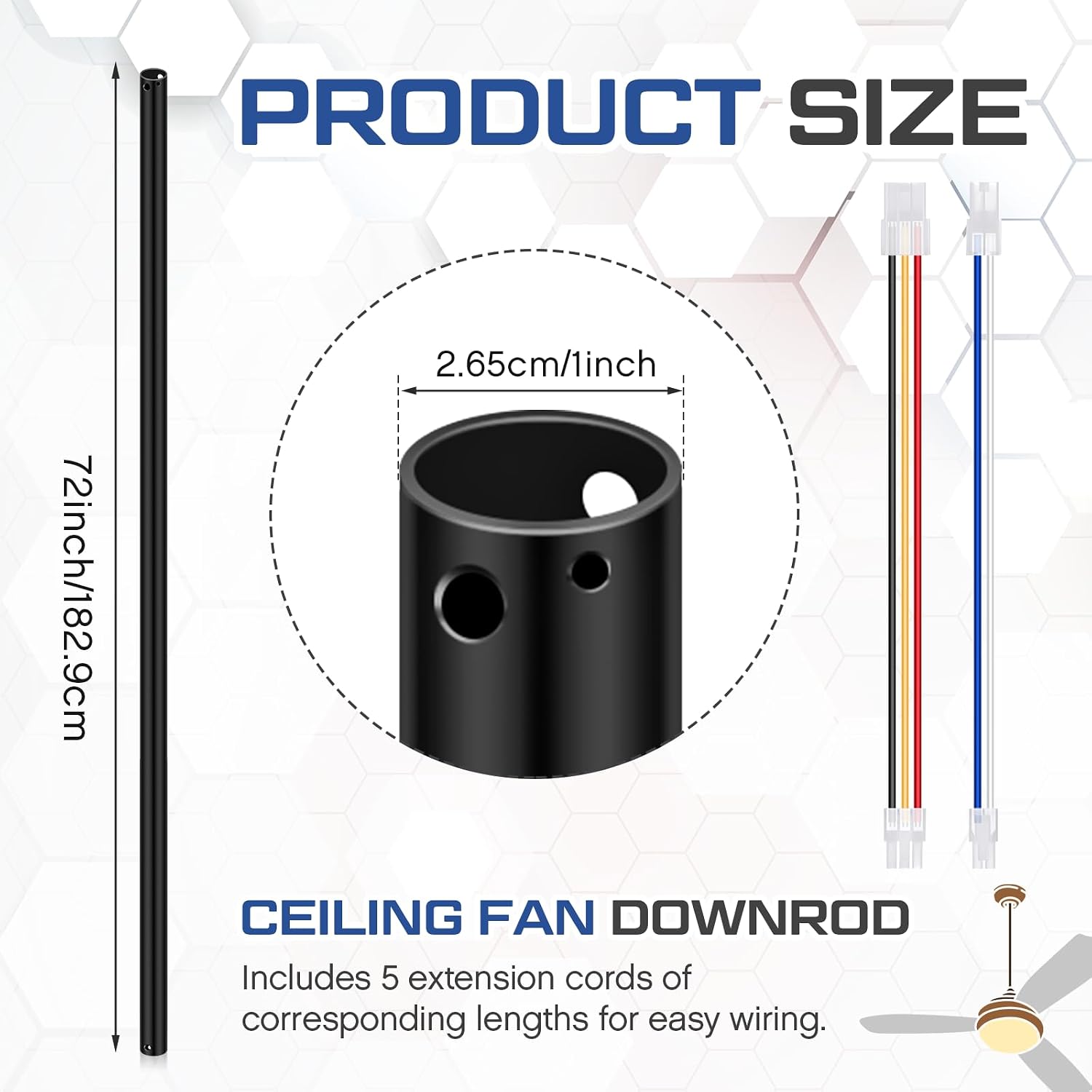 VIHOSE 72 Inch Ceiling Fan Downrod with Extension Cord 6 ft Black Downrod for Ceiling Fan 1 Inch Outside Diameter Not Threaded Suitable for a Wide Range of Fans
