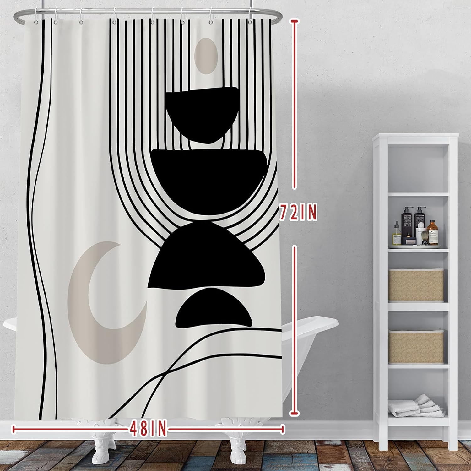 Black Gray Bohemian Shower Curtain for Bathroom Decor Abstract Moon Striped Geometry Pattern Bathroom Curtains 48x72 Inch with Hooks Modern Waterproof Bathroom Shower Decor Accessory Set image 3