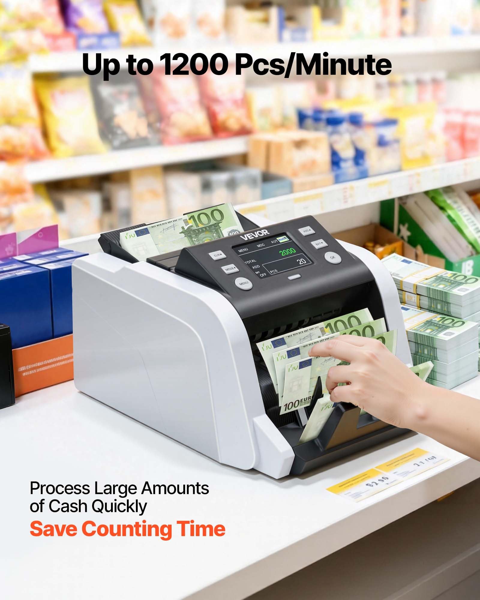 VEVOR Contabanconote Velocità 1200 banconote/min da Banco, Contasoldi con Conteggio del Valore, Rilevamento di Banconote False UV MG IR DD DBL HLF CHN, Display TFT, per Banconote Multiple Valori Misti