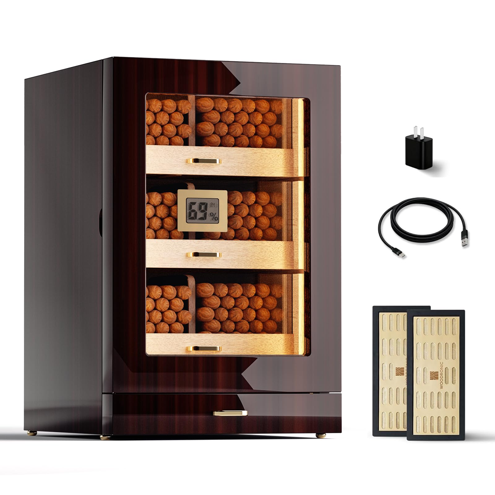 Woodronic Zigarren-Humidorschrank mit LED-Licht, magnetische Tür, 3 Schubladen und Trennwände aus spanischem Zedernholz, Zubehörschublade, digitales Hygrometer & Luftbefeuchter, glänzendes Ebenholz