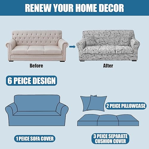 Miniatura 7 de JQinHome Funda elástica para sofá de 6 piezas con estampado, funda de sofá con diseño floral con 3 fundas de cojín separadas, protector de muebles