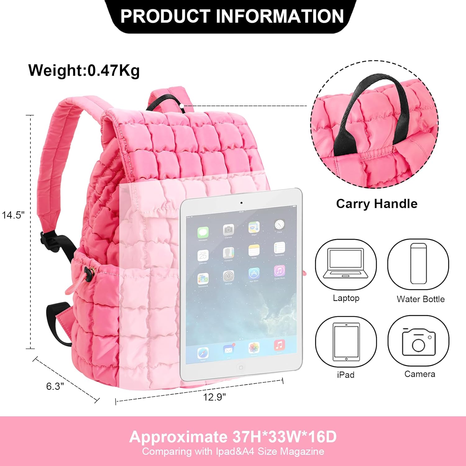 XSUIOY Quilted Backpack Purse for Women Small Lightweight Puffer Puffy College Laptop Backpack Nylon Casual Bookbag Daypack Top Flap Drawstring Padding Hiker Travel Gym Backpack(Pink) - Image 3