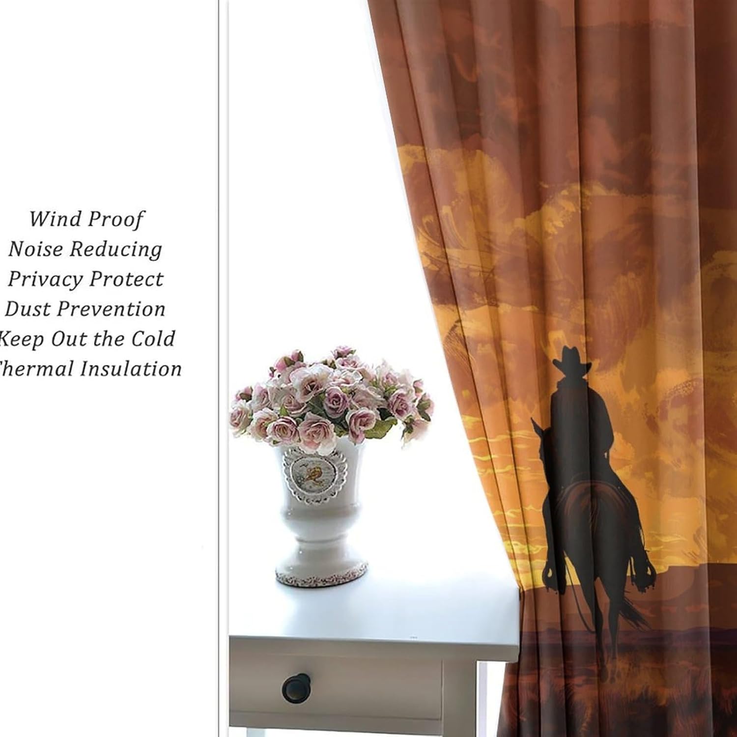 Western Cowboy Nature Blackout Curtains for Bedroom/Living Room, Retro Desert Horse Sky Grommet Curtains Thermal Insulated Window Drapes, 2 Panels, Each 21W x 45L