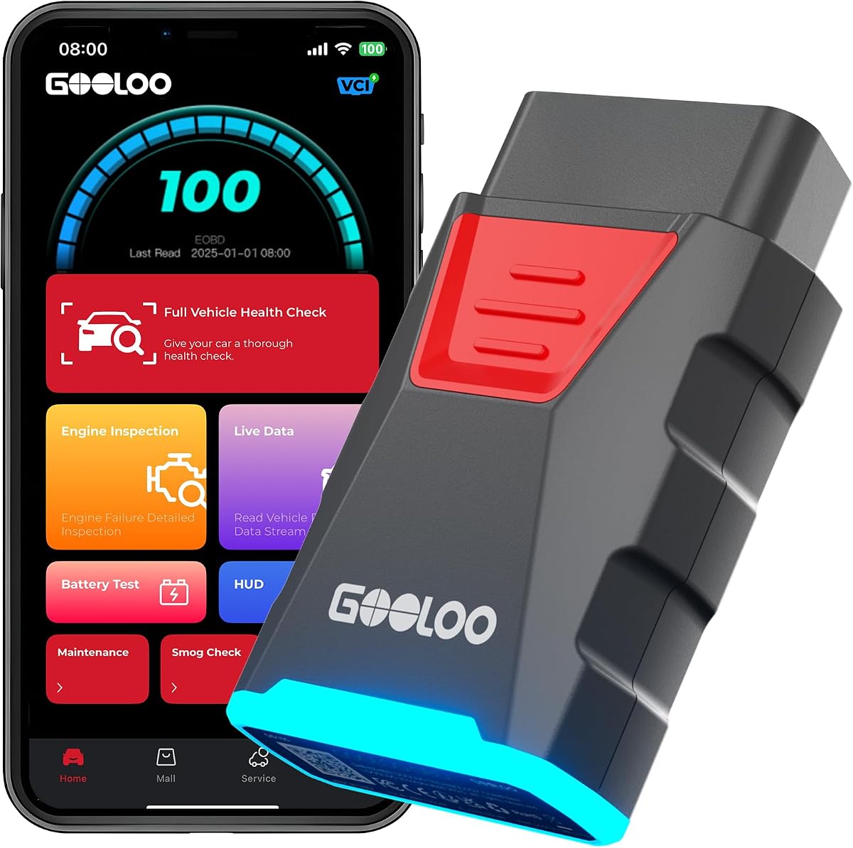 GOOLOO DS100 OBD2 Scanner Bluetooth, OBDII Car Code Reader for iOS& Android | Wireless All System Diagnostic Tool, Live Data, 6 Reset Service, Read and Clear Error Codes for All OBDII Protocol Cars 1996+
