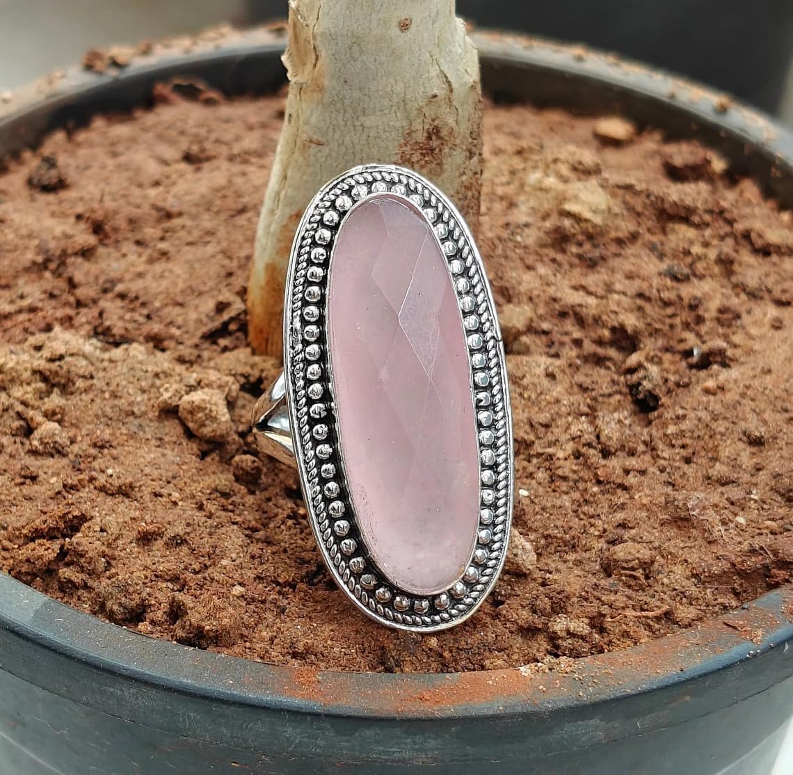 Handcrafted Long Rose Quartz Statement Ring - 925 Sterling Silver Plated Genuine Gemstone Bridal Jewelry, Wedding/Bridesmaid Gift for Women, Natural Pink Crystal Engagement Ring