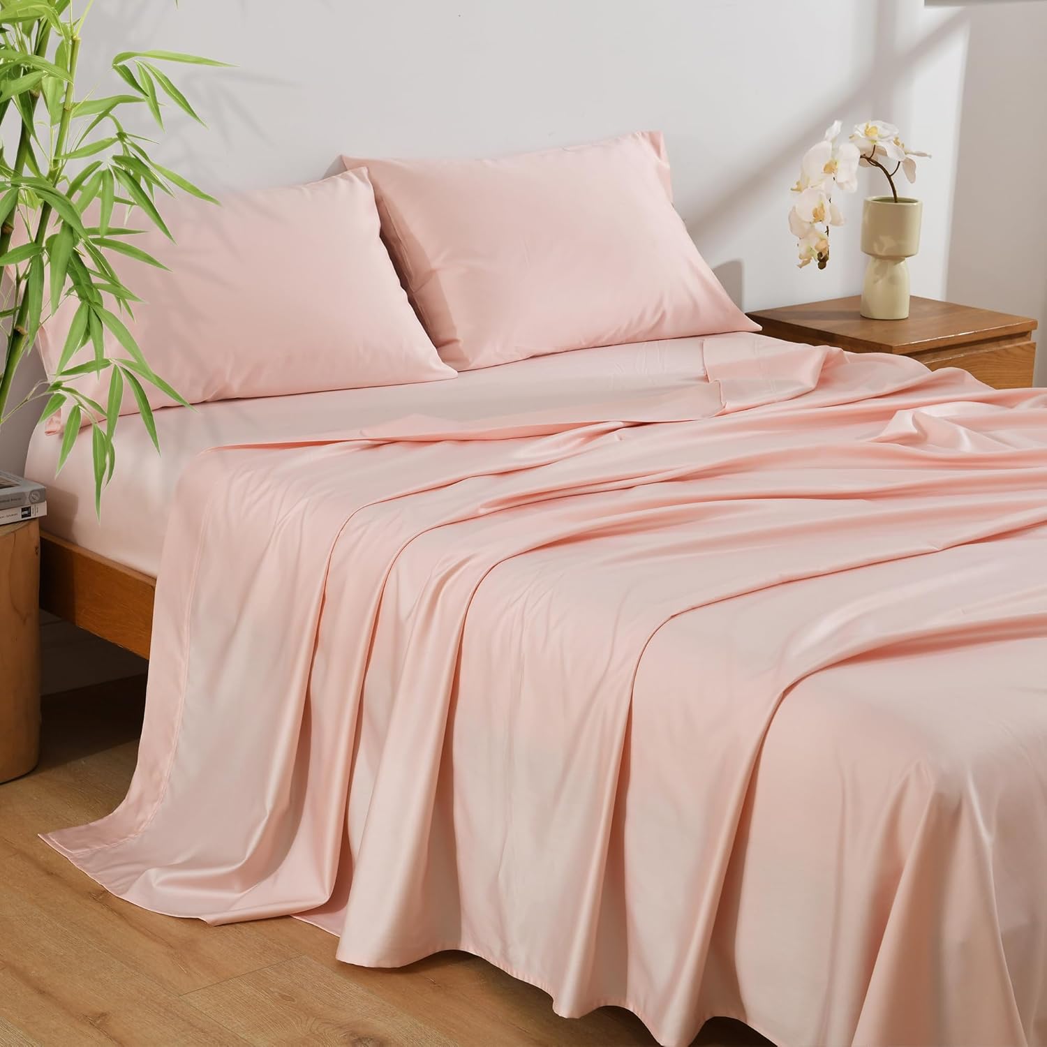 NATUREFIELD Bed Sheets Set Queen Size (4pc), Rayon Derived from Bamboo & Organic Cotton Blend 400 Thread, Silky Soft Cooling Sheets with Deep Pockets, Hotel Luxury Bedding Sheets & Pillowcases