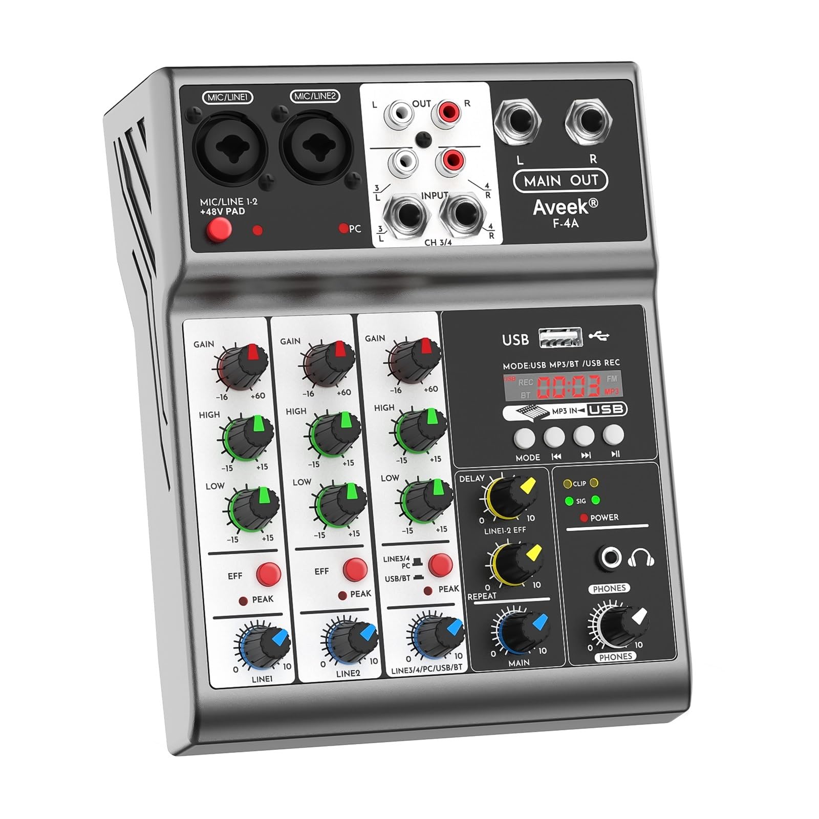 Profesjonalny mikser, konsola miksująca Sound Board z 4-kanałowym cyfrowym efektem opóźnienia echa USB Bluetooth, wejście 48 V stereo
