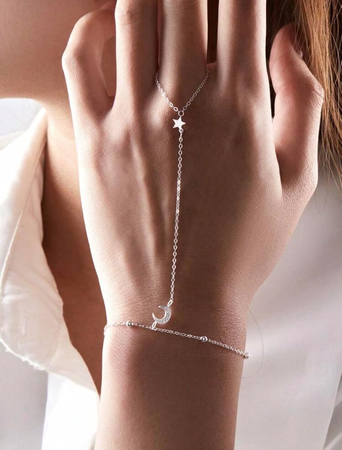 Dainty Moon Star Hand Chain Bracelet for Women Non Tarnish 925 Sterling Silver CZ Ring Bracelet Hand Chain Adjustable Waterproof Beaded Bracelets Stackable Body Chain Mothers Day Jewelry Gifts