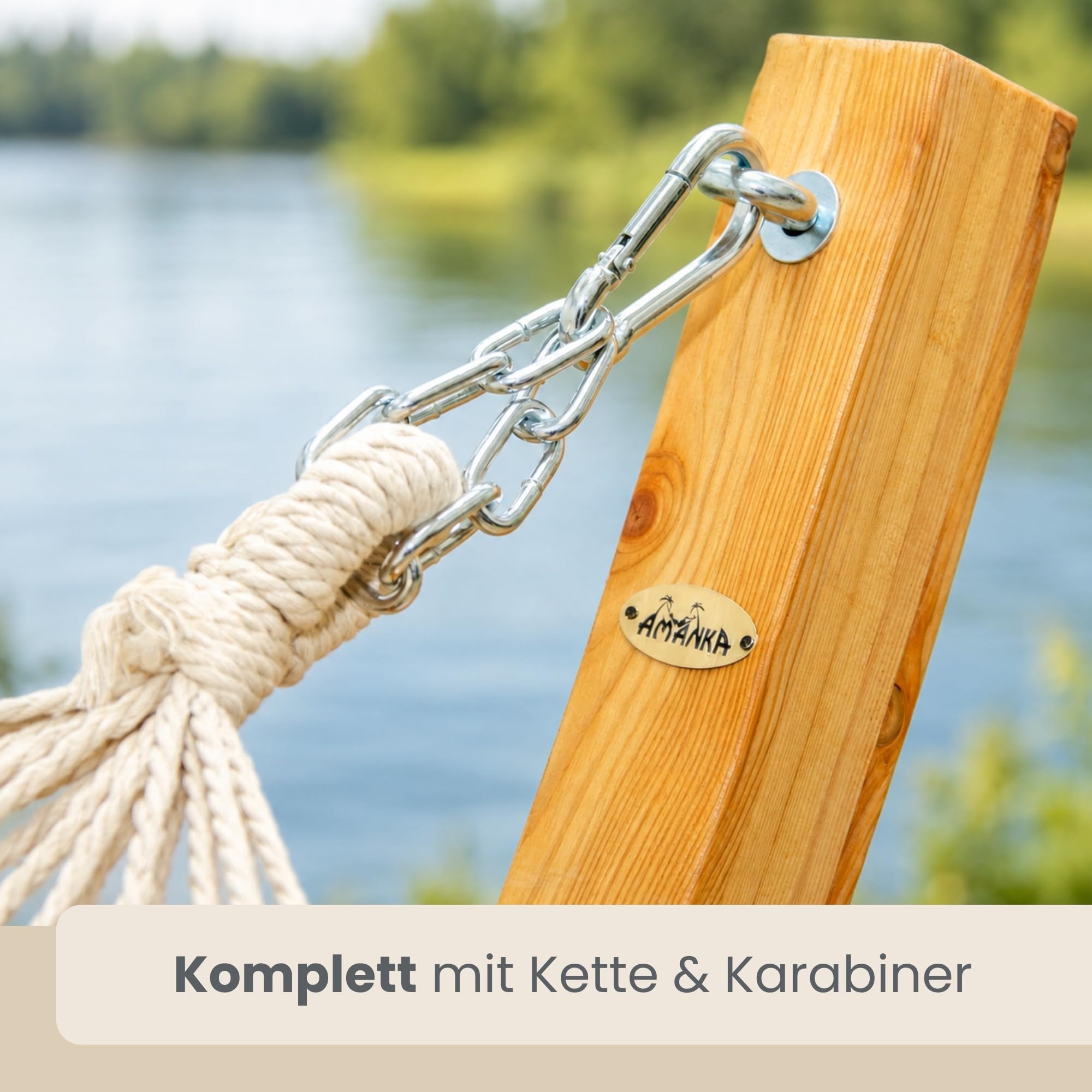 AMANKA XXL Hängematte mit Gestell 325 cm – stabiles Outdoor Hängemattengestell aus Holz mit Grauer Stabhängematte für Zwei Personen – entspanntes Hängemattenset für Garten Balkon oder Terrasse