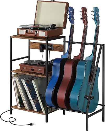 Soporte para tocadiscos, mesa de almacenamiento de vinilo de 3 niveles con soporte para guitarra, soporte para tocadiscos con estación de carga y