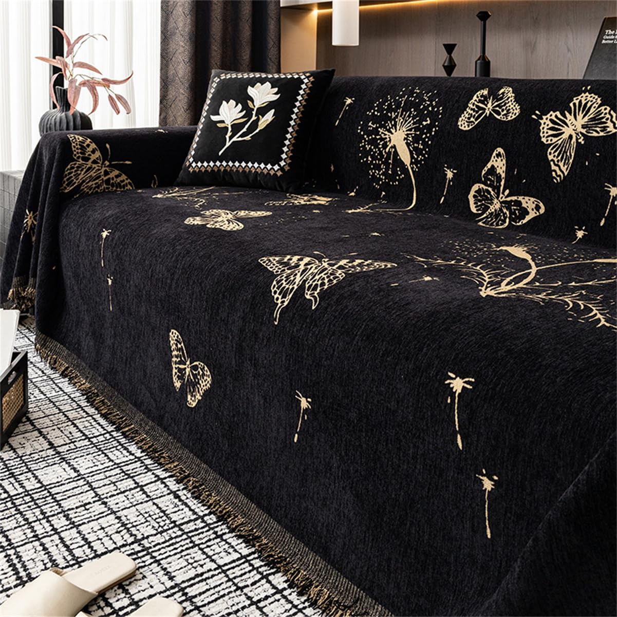 Copridivano Reversibile Motivo a Farfalla e Tarassaco Copridivano Matrimoniale Nappa Copripoltrona Coperta da Letto Antiscivolo Antipolvere AntiGraffio Copridivano (Oro,180x230 cm)