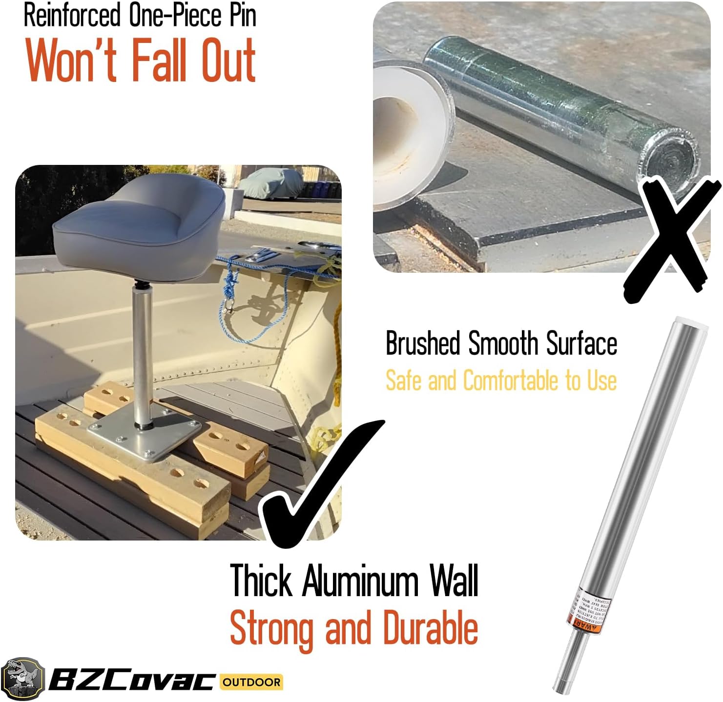 3/4" Boat Seat Pin Post (2-Pack), Lock-in Style Non-Threaded Pedestal Post for Marine Boat Seat Mounting, Aluminum Extension Pole for Pontoon, Fishing Boat, Bass Boat, and More