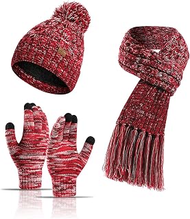 ZWEBY Traje de Sombrero y Bufanda Gorro de Punto Bufanda Acolchada Juego de Guantes con Pantalla táctil (Color : Rojo, Size : One Size)