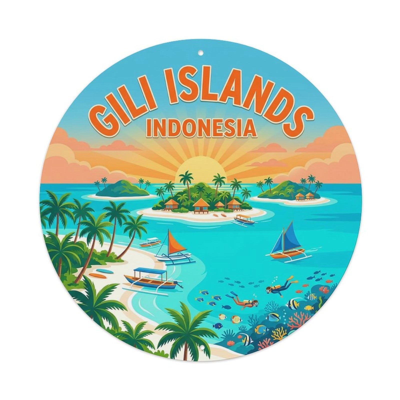Indonesia Retro Travel Gili Islands Vintage Metal Tin Sign Plaque Wall Decor for Cafe, Club Bar, Office, Garden Metal Poster 8x8Inch