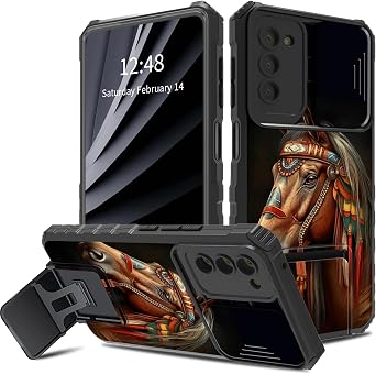 Art Horse Design for Samsung Galaxy A03S Phone Case with Slide Camera Cover, Dual Layer Shockproof TPU Bumper Men Women Case with Folding Kickstand for Galaxy A03S