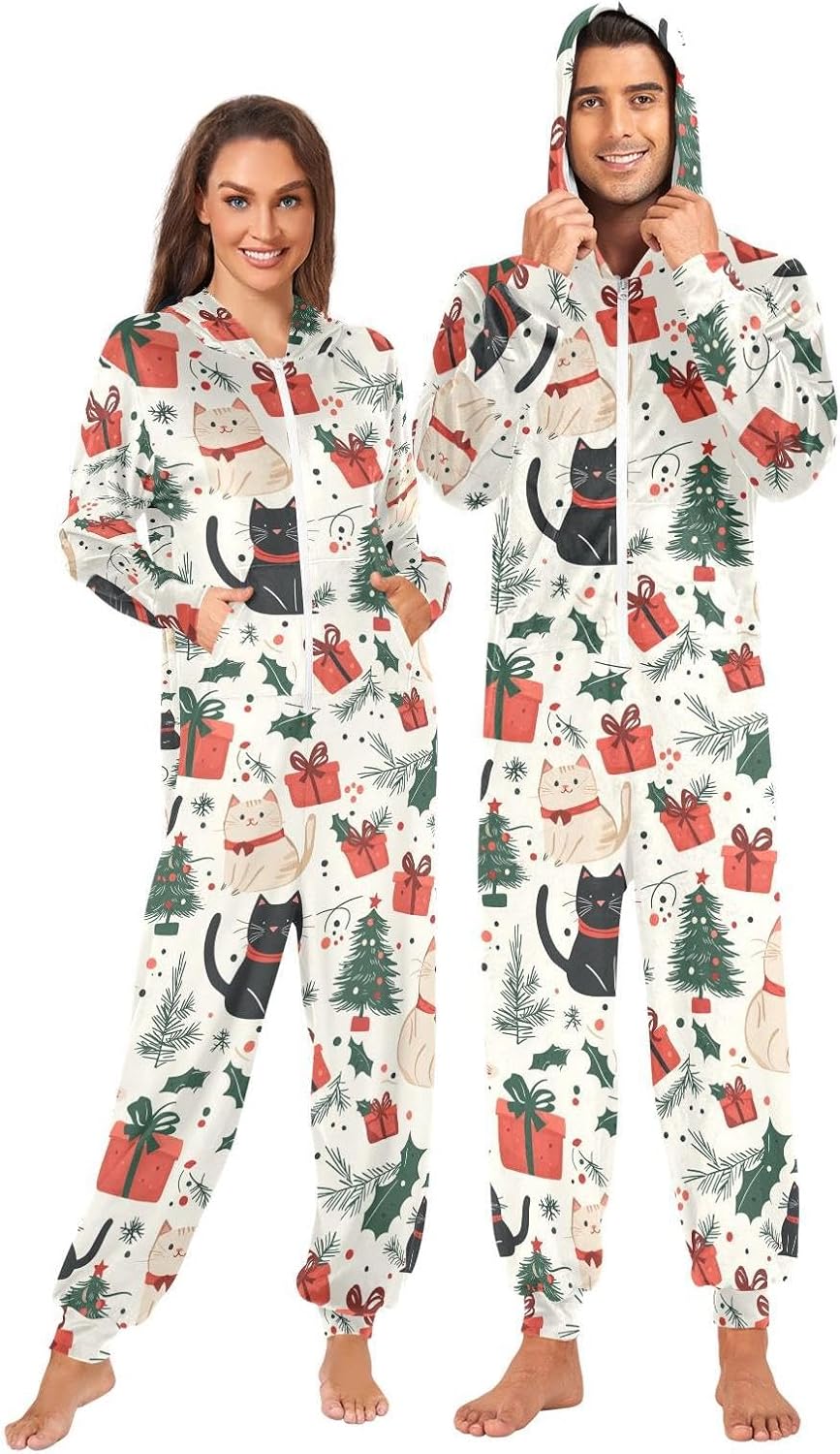 ZZKKO Cartoon Cats Adult Onesie Pajamas for Women Men Cozy One Piece Pajamas Costume Zip-Up Hooded S-XL