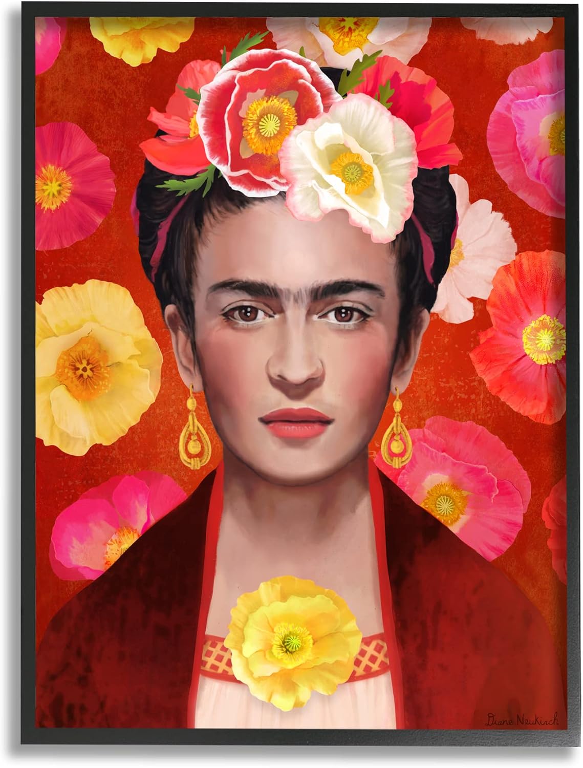 Stupell Industries Bold Frida Kahlo Portrait Floral Poppies Pattern, Design by Diane Neukirch