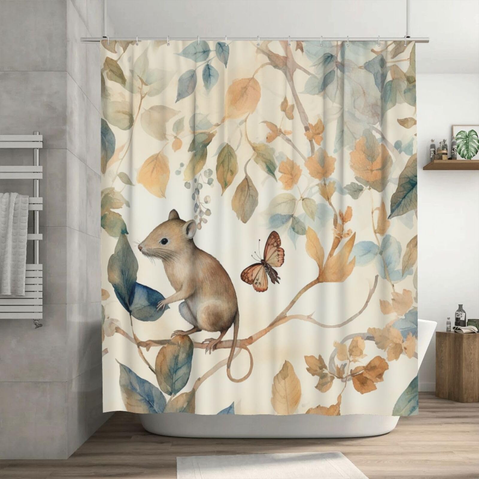 Rideau de douche imperméable souris et feuilles 183x183 cm avec 12 crochets