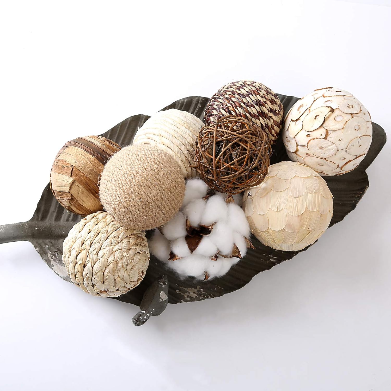 CIR OASES Assorted Decorative Spherical 9pcs Brown White Orbs Natural Twig Rattan Woven Cotton Balls for Vase Bowl Filler Tabletop Decor : Everything Else